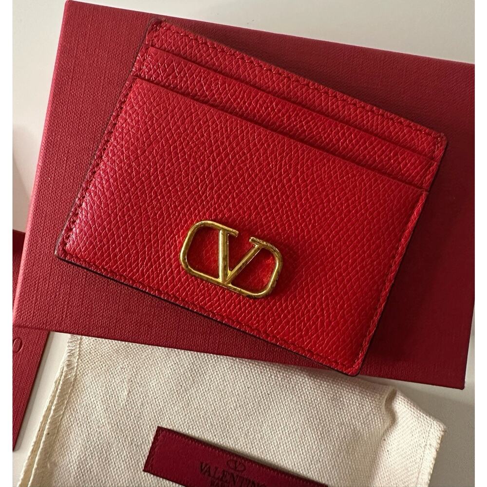 Valentino Garavani VLogo Red Leather Card Holder Wallet Gold Logo Box Dust Bag